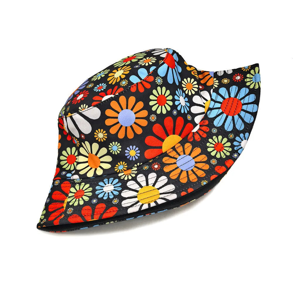 Colourful floral print polyester bucket sun hat with dome crown in M size