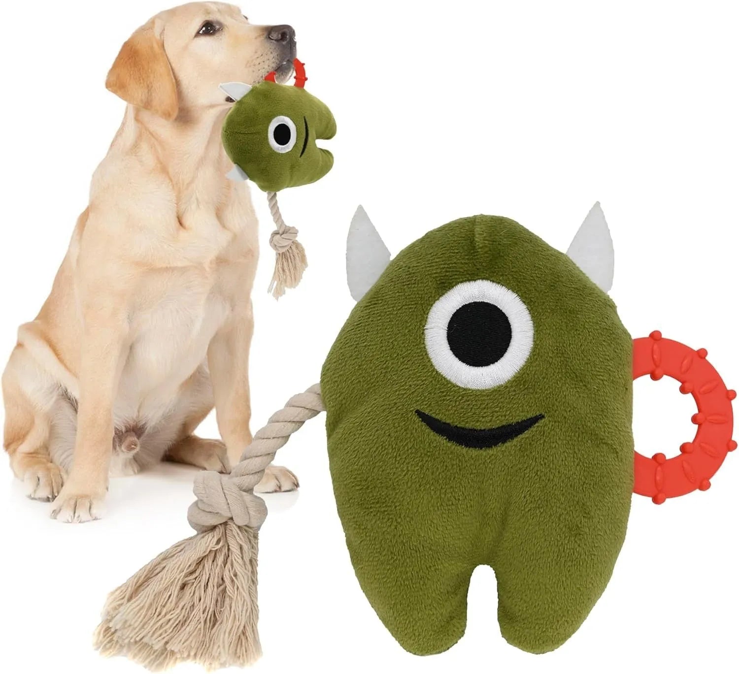Blue or green monster plush dog toy with integrated cotton rope tug sections and a squeaker.