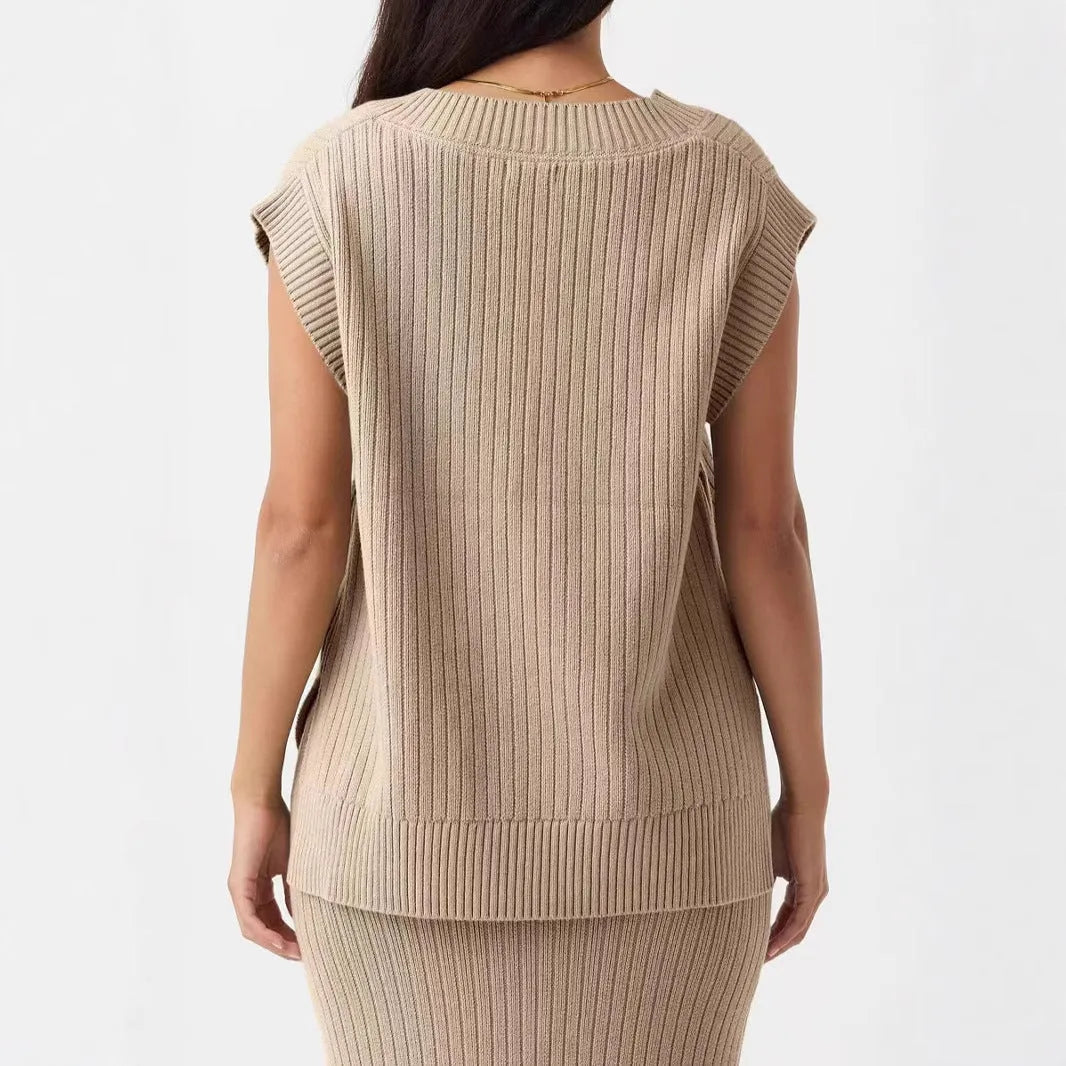 Women's camel coloured V-neck sleeveless vest with loose fitting viscose fabric