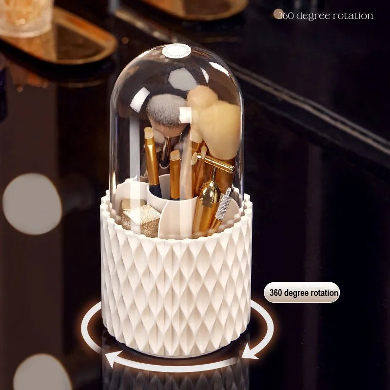 White rotating acrylic makeup brush storage box with transparent dustproof lid on dressing table