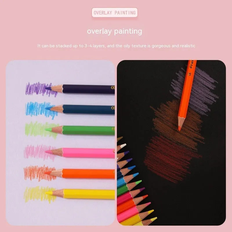 Set of wooden colouring pencils with dual-tip leads, showing 12 and 24 colour set options.