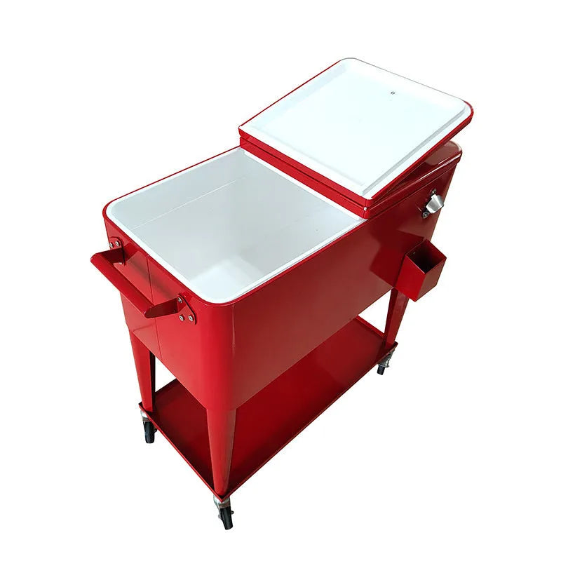 Red metal outdoor insulated cart with wheels and a 750ml capacity