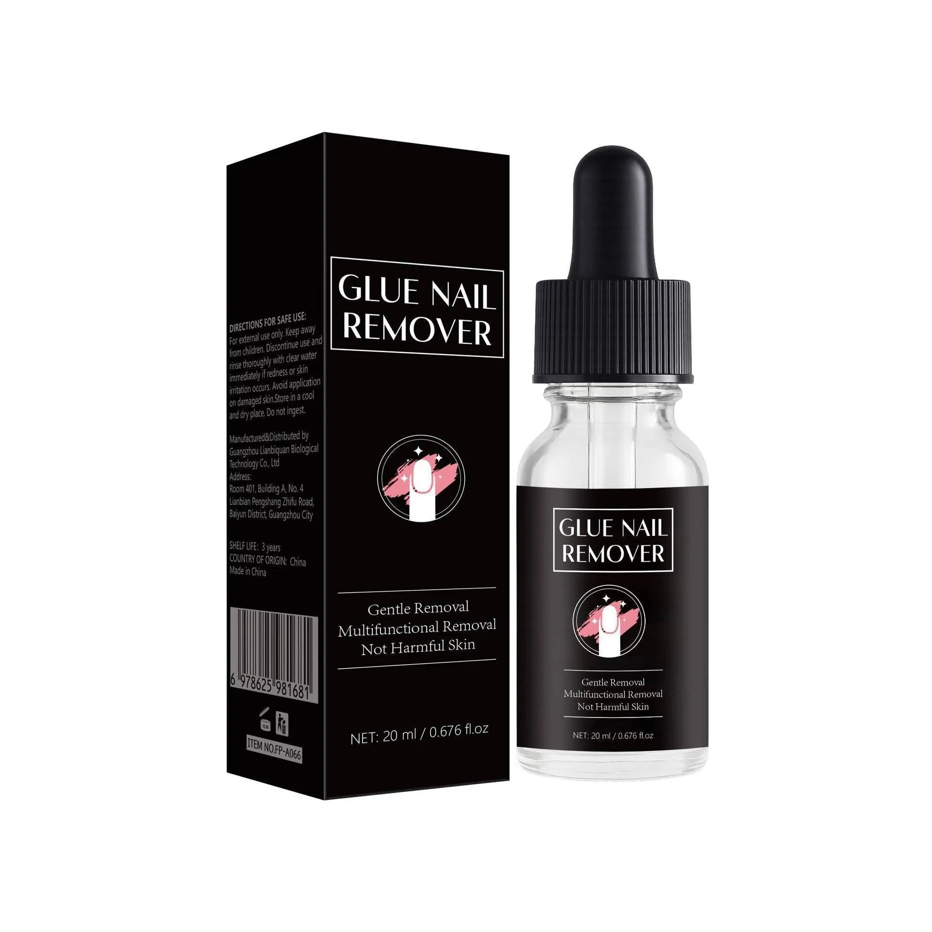 20ml nail glue remover bottle with dropper for precise application, model FP-A066.