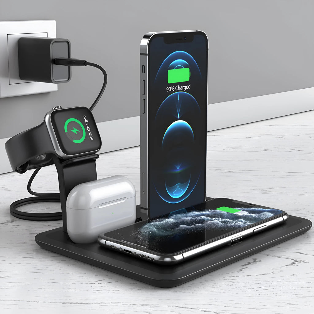 Black wireless charging desktop station with phone bracket, headphone dock and watch charging port