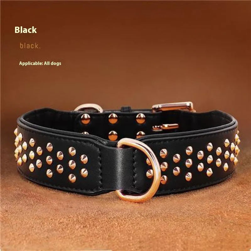 Chocolate coloured leather dog collar with metal rivets for anti-bite protection on a dog's neck.