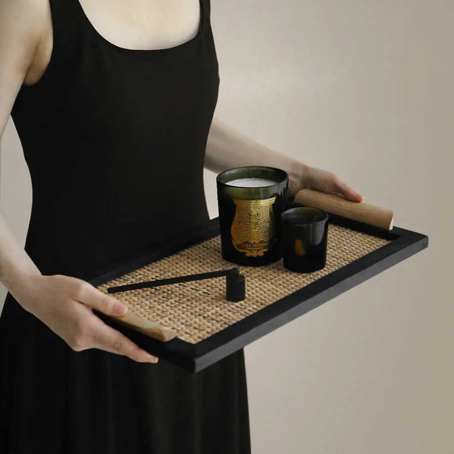 Pine wood serving tray with a central divided compartment for biscuits and snacks.