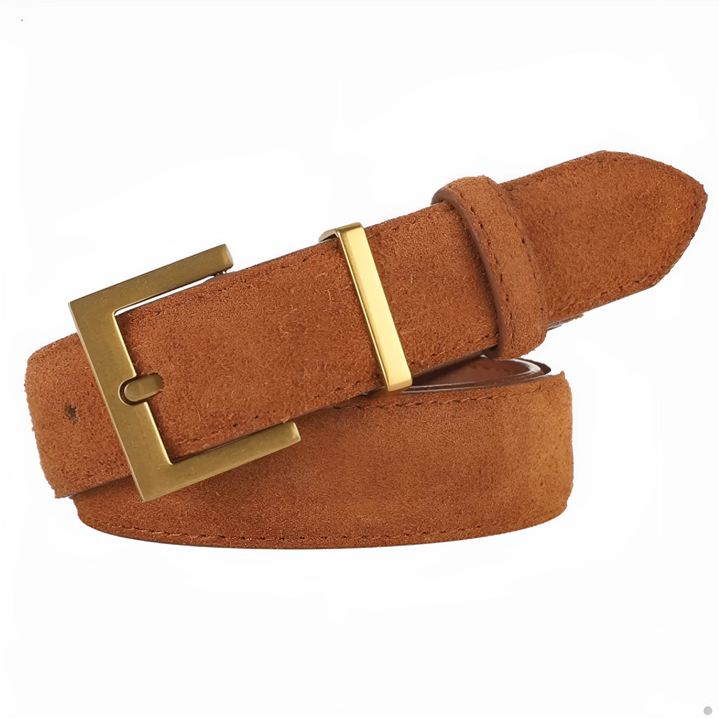 Ladies' black leather belt with silver alloy quadrilateral pin buckle on trousers