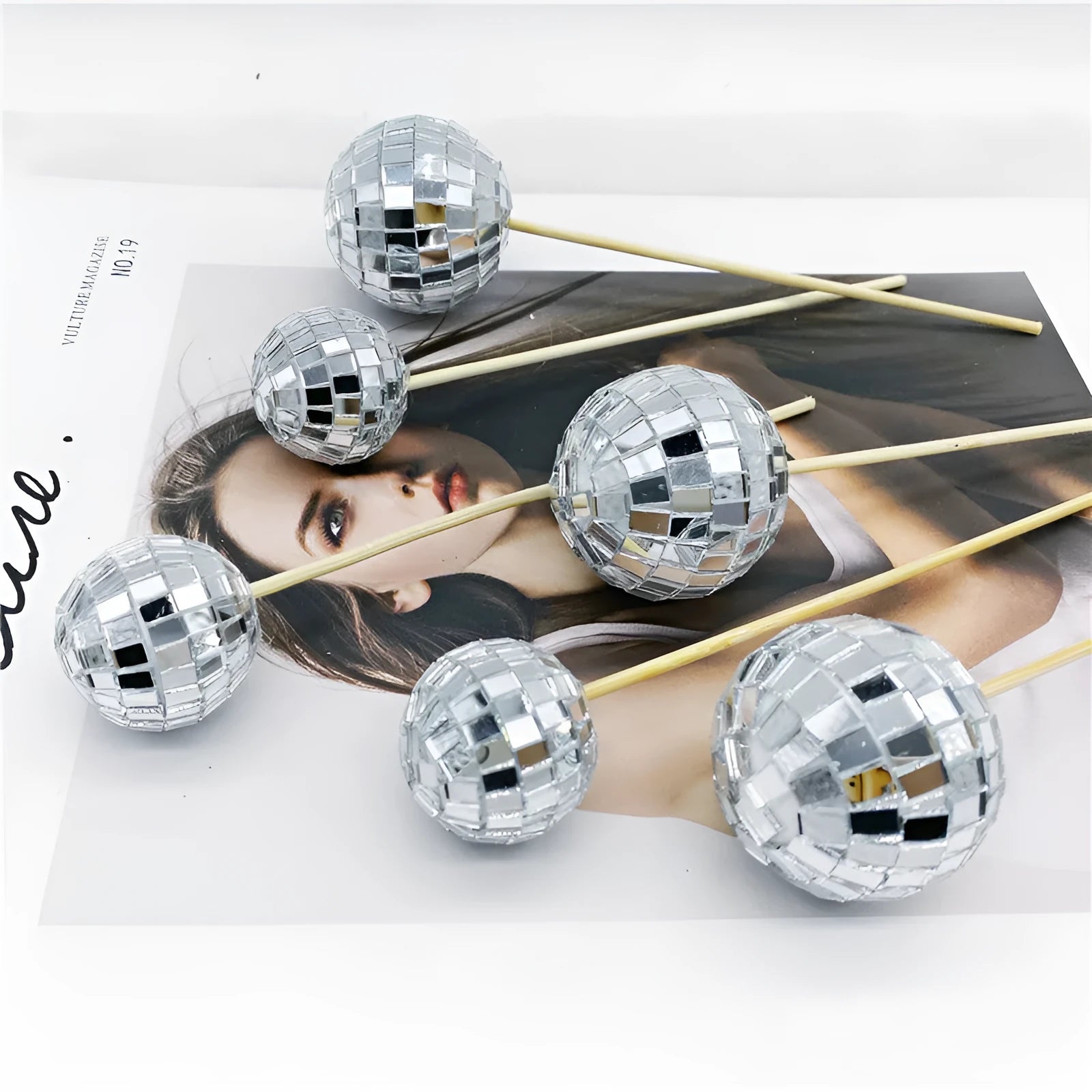 Glass disco ball cake decoration with wooden stick in various sizes from 2.5cm to 5cm
