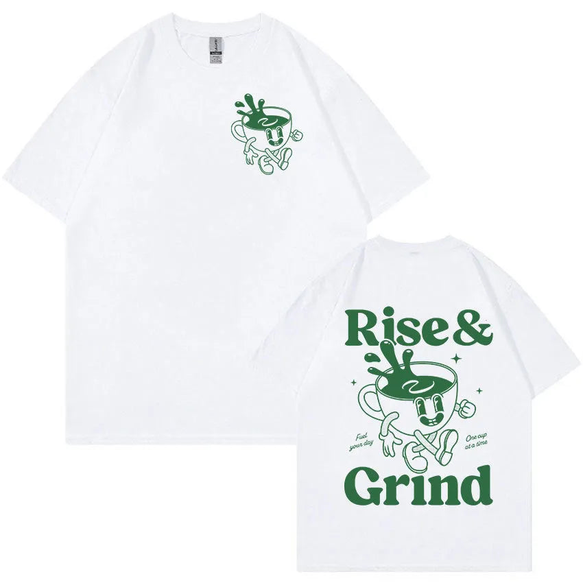 Men's black linen T-shirt with 'Rise And Grind Green Coffee' cartoon and text print in a loose fit