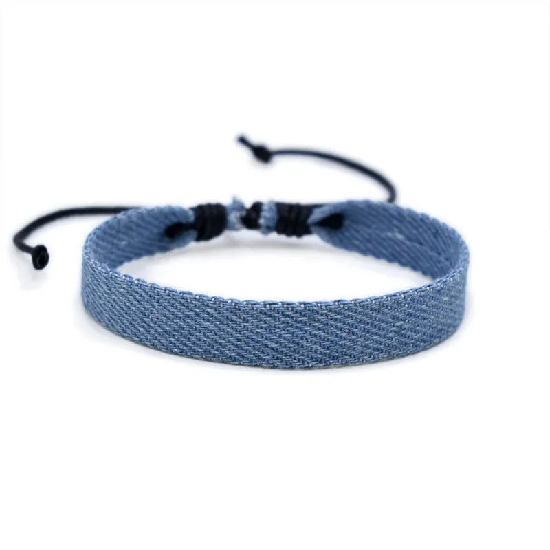 National style denim fabric bracelet carrying strap with mixed material construction for unisex travel and memorial use