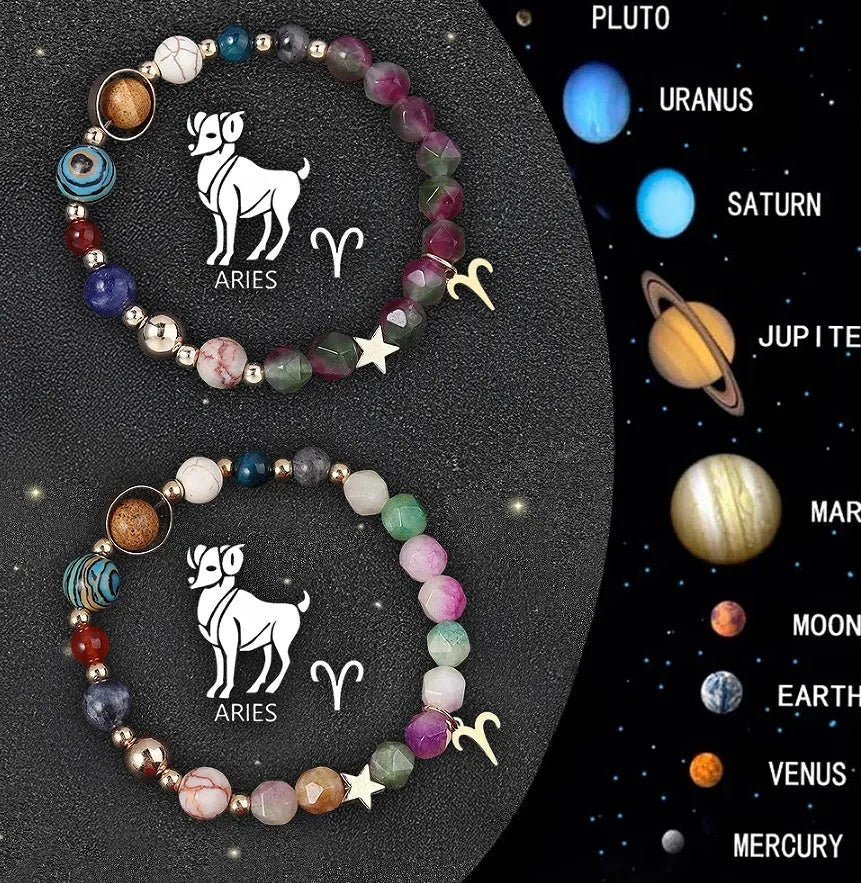 Set of two natural stone beaded bracelets on a wrist, each representing a different zodiac sign style.