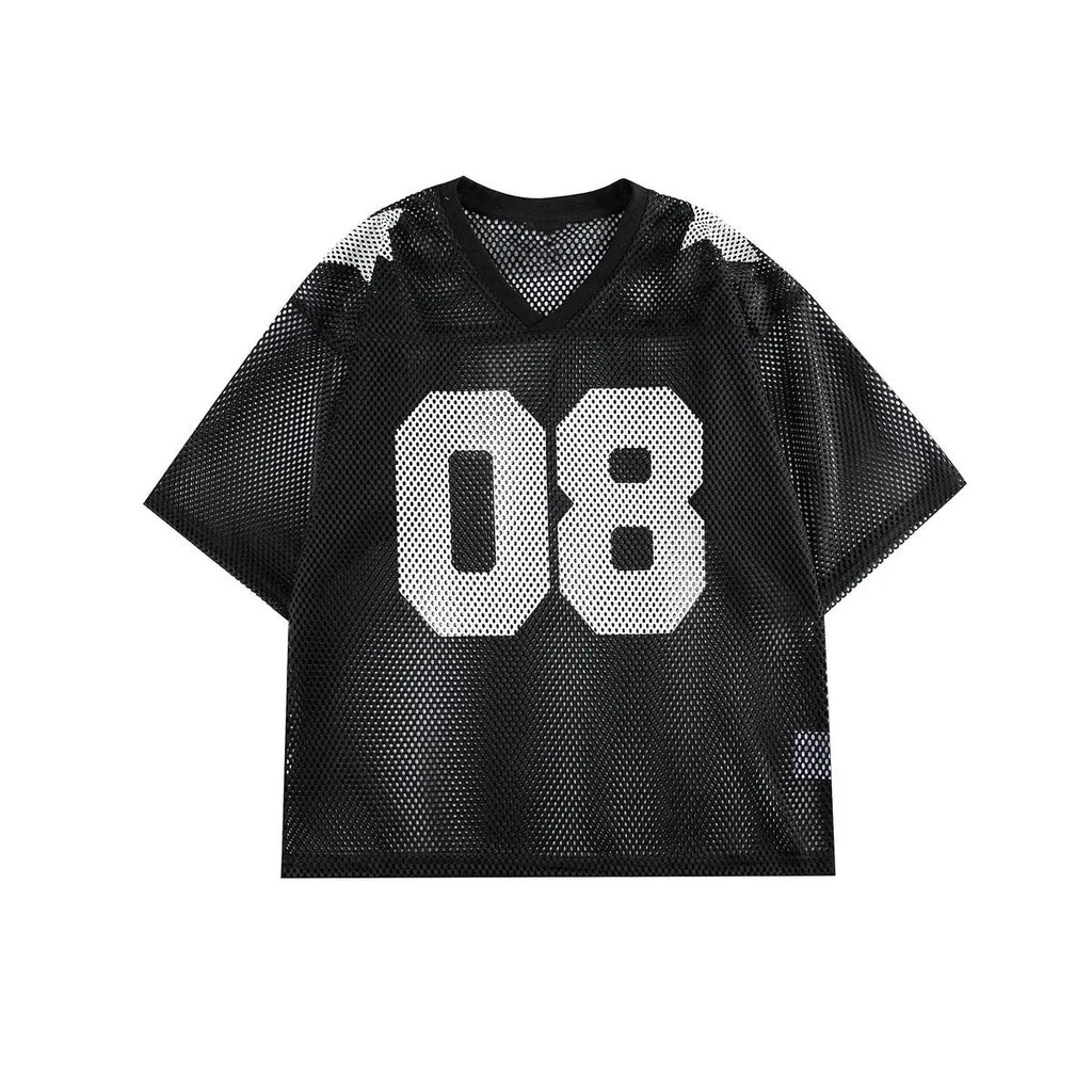 Black loose-fit short sleeve shirt with white letter print pattern, modelled flat