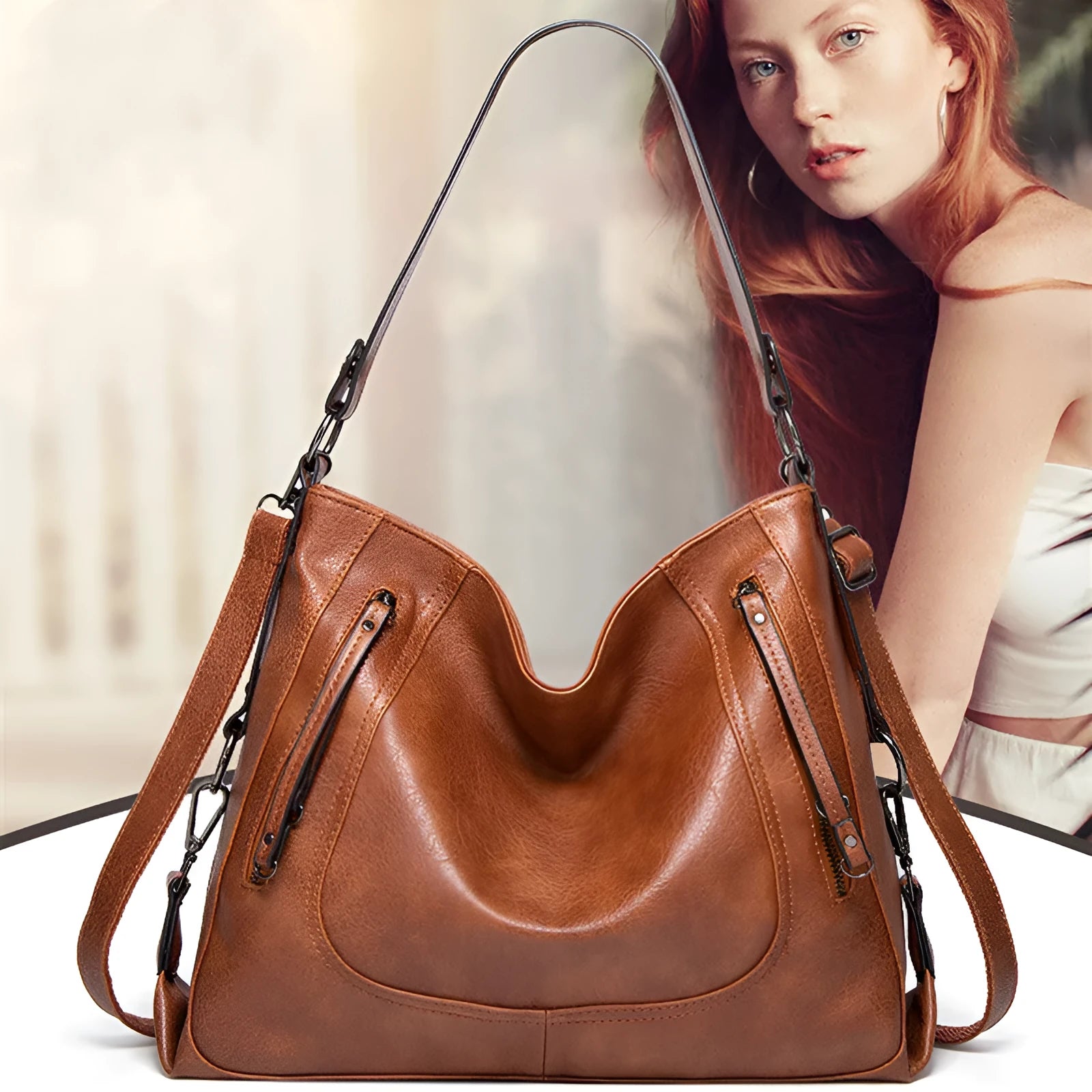 Large capacity PU tote handbag in beige with sewing line detail and single shoulder strap for daily use