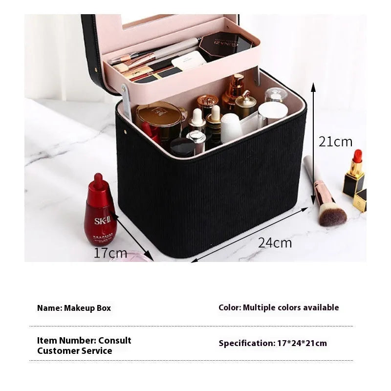 Corduroy cosmetic storage box with solid colour design and large interior capacity