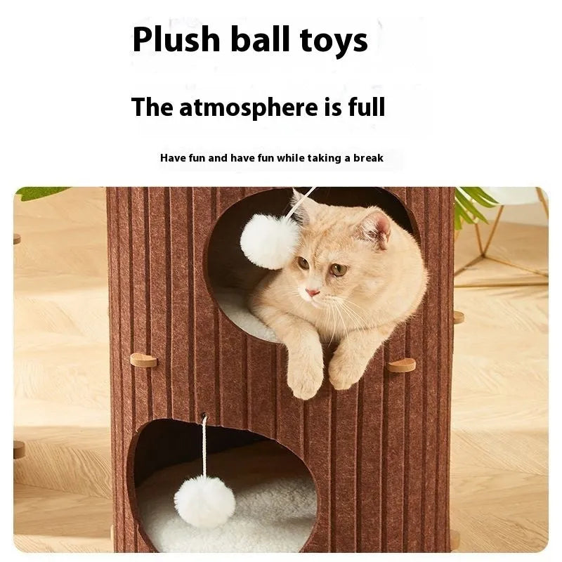 Felt cat scratch board nest in wine red with plush cat balls for indoor cats