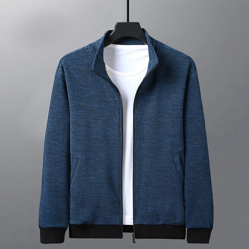 Men's black stand-up collar zip-front jacket in an athletic fit on a hanger.