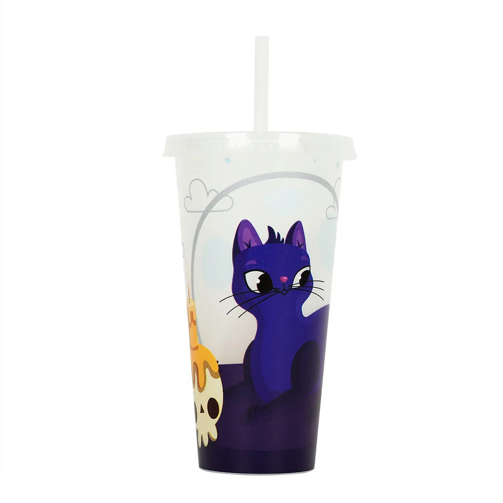 720ml plastic Halloween sippy cup with luminous straw showing cylindrical shape and six colour options