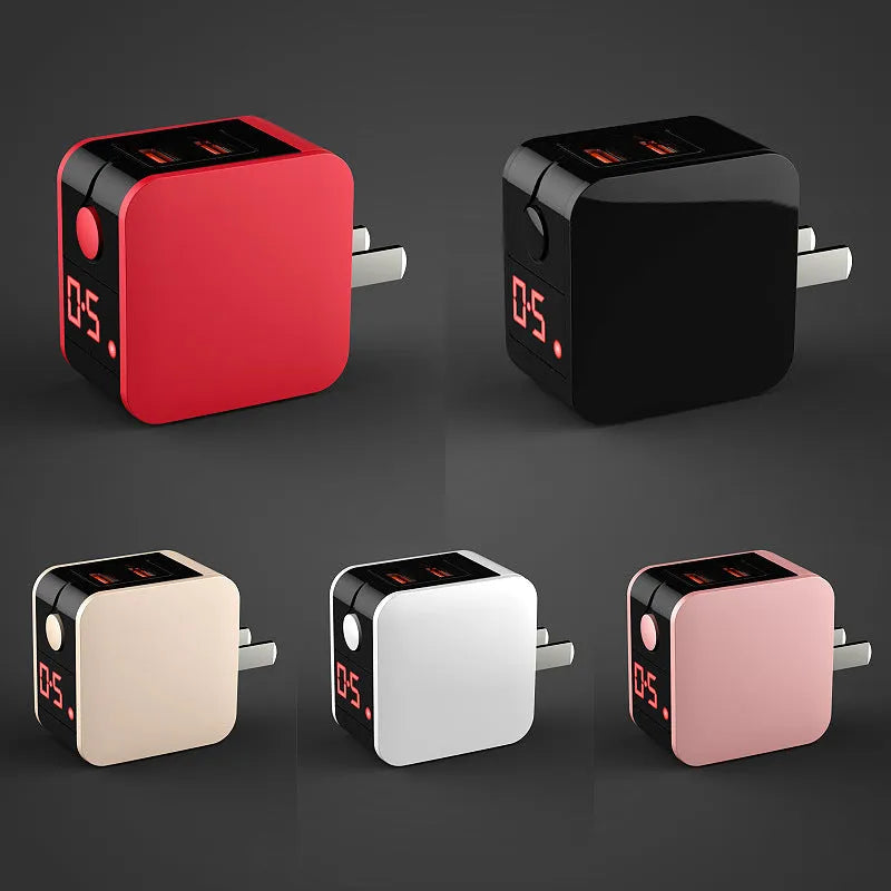 Black and white dual USB travel charger with digital display showing EU and US plug options.