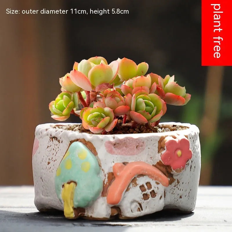 Hand-painted large caliber ceramic combination flower pot with cute pastoral meat and flower design in colour option A