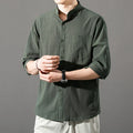 Men's cotton blend short sleeve shirt in loose cardigan style, solid black colour, with three-quarter sleeves