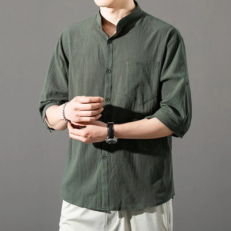 Men's cotton blend short sleeve shirt in loose cardigan style, solid black colour, with three-quarter sleeves