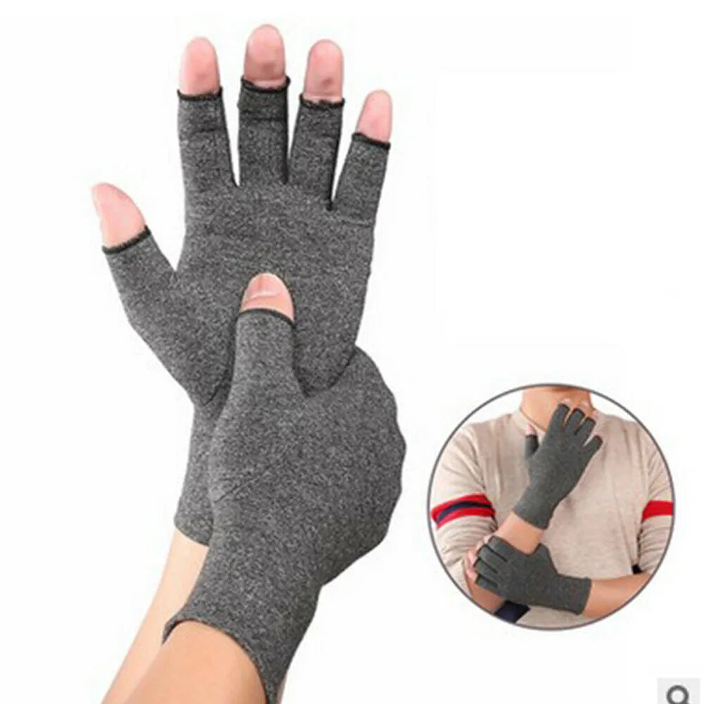 Grey half-finger compression gloves with anti-slip palm, shown in dispensing and non-dispensing styles.