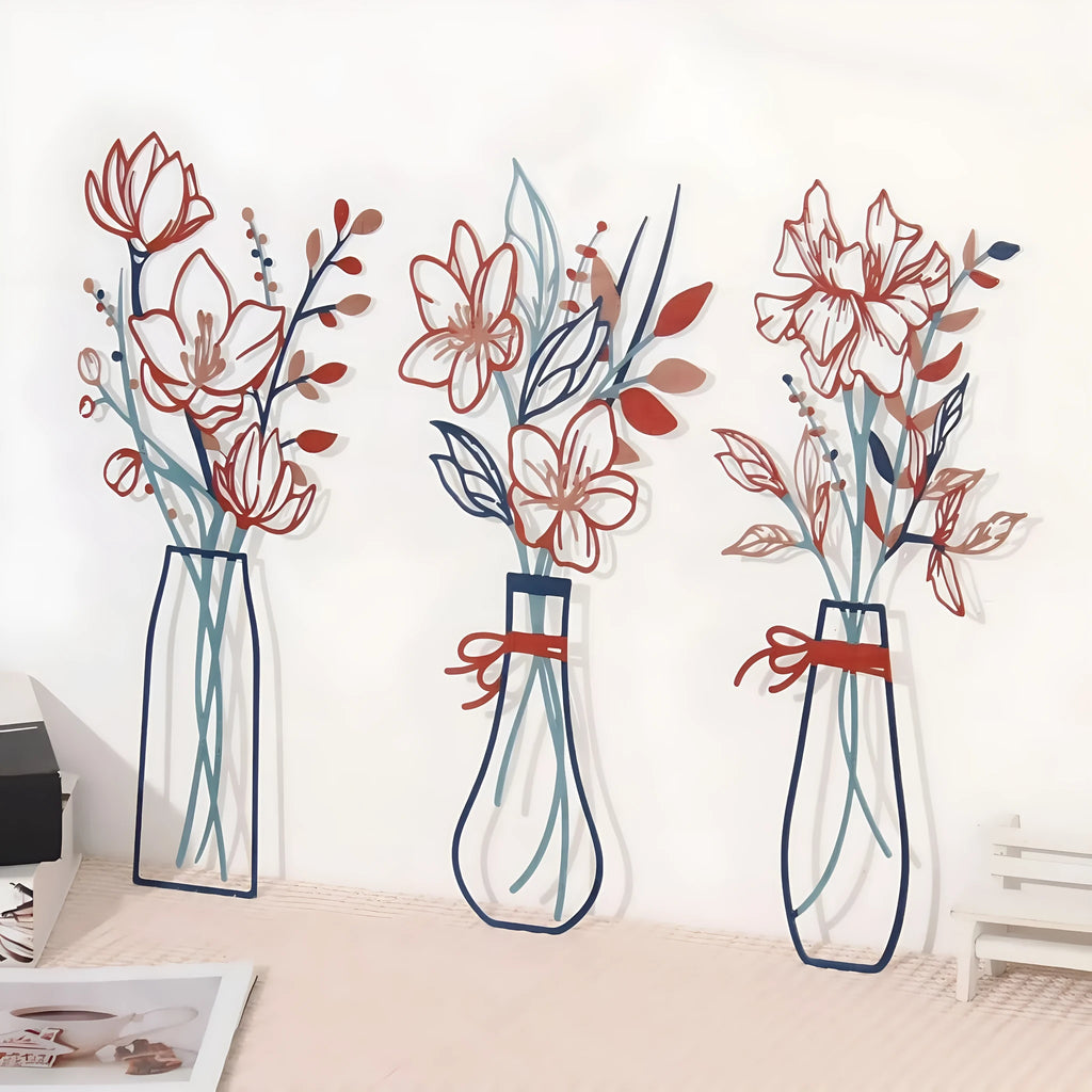 Three-piece metal flower wall art set in country farmhouse style for bathroom or general wall decor