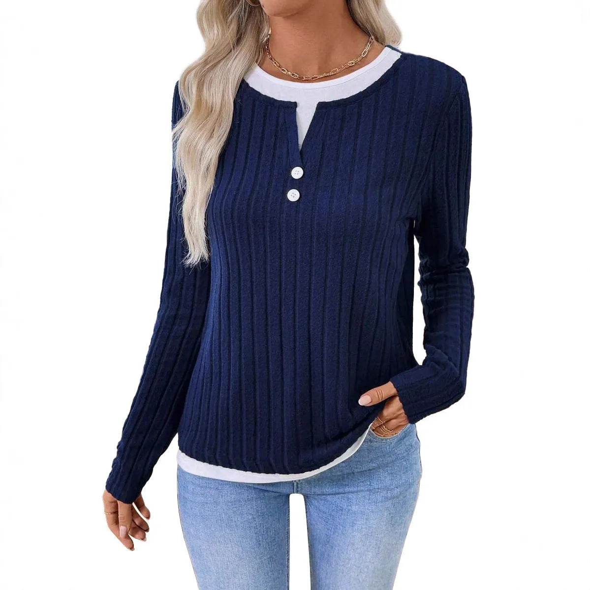 Women's black fake two-piece pullover sweater with round neck and long sleeves.