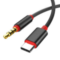 3.5mm nylon audio cable in silver and black, showing 0.5m, 1m, and 1.5m length options