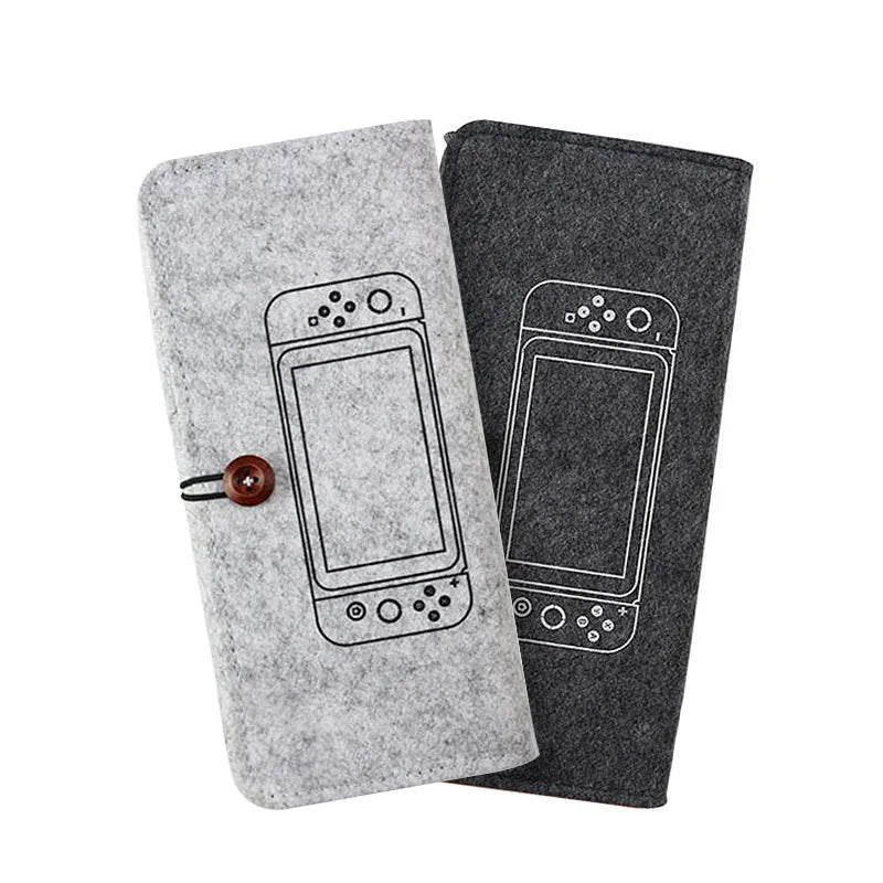 Black felt carrying pouch for Nintendo Switch console with game card slots and storage compartments