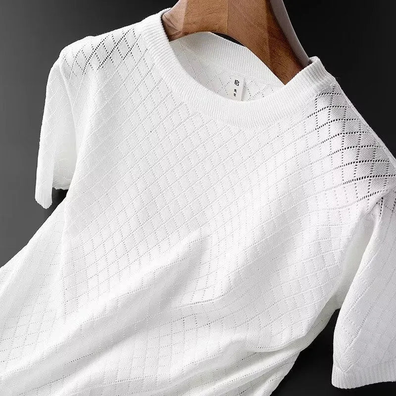 Men's black and white ice silk T-shirt showing V-neck and round neck style variations
