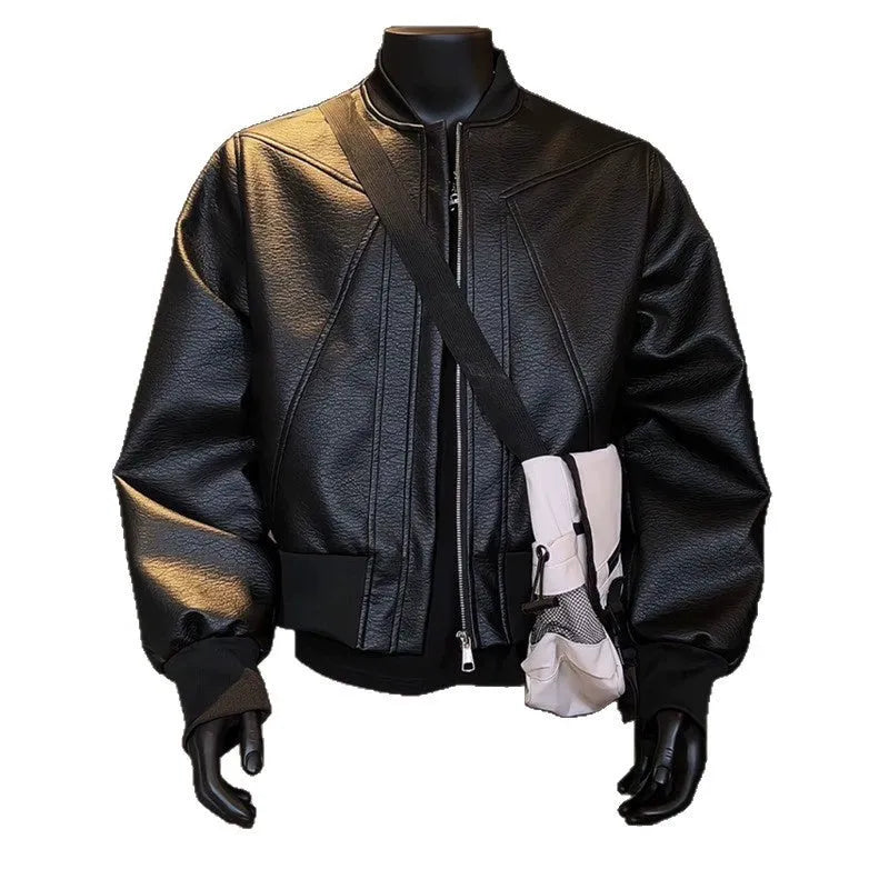 Men's extended length black PU leather jacket with litchi texture finish and business styling