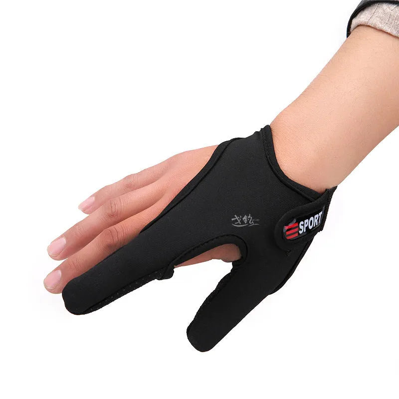 Two-finger fishing tackle glove in black colour, showing diving cloth back and microfiber palm material.