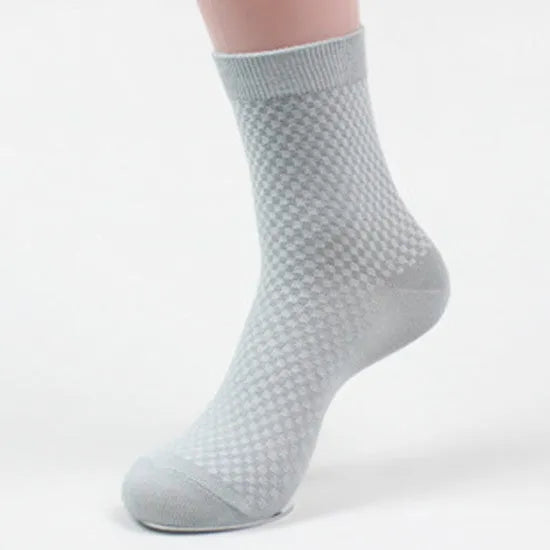 Men's bamboo fibre business socks with small square pattern in black, grey blue, iron grey, navy blue, and silver grey colours