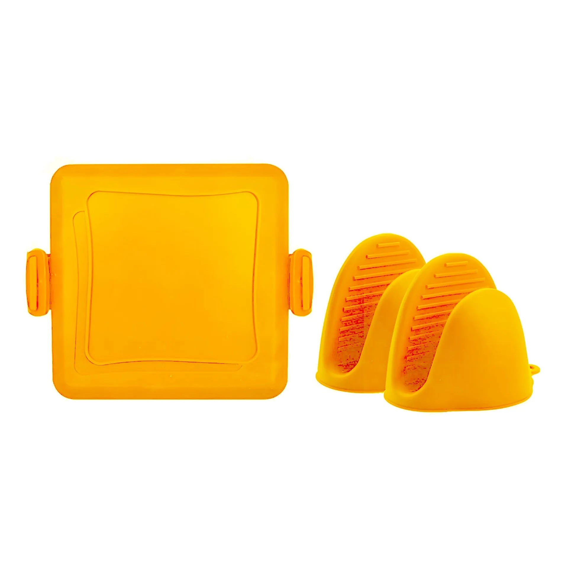 Red silicone baking tray with a large integrated handle and a pair of detachable blue baking gloves.