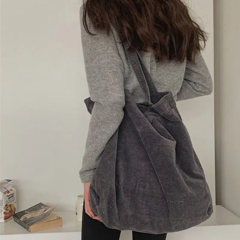 Large corduroy shoulder tote bag for women, 42x45cm, soft plush material, open top, pleated retro style in solid colour