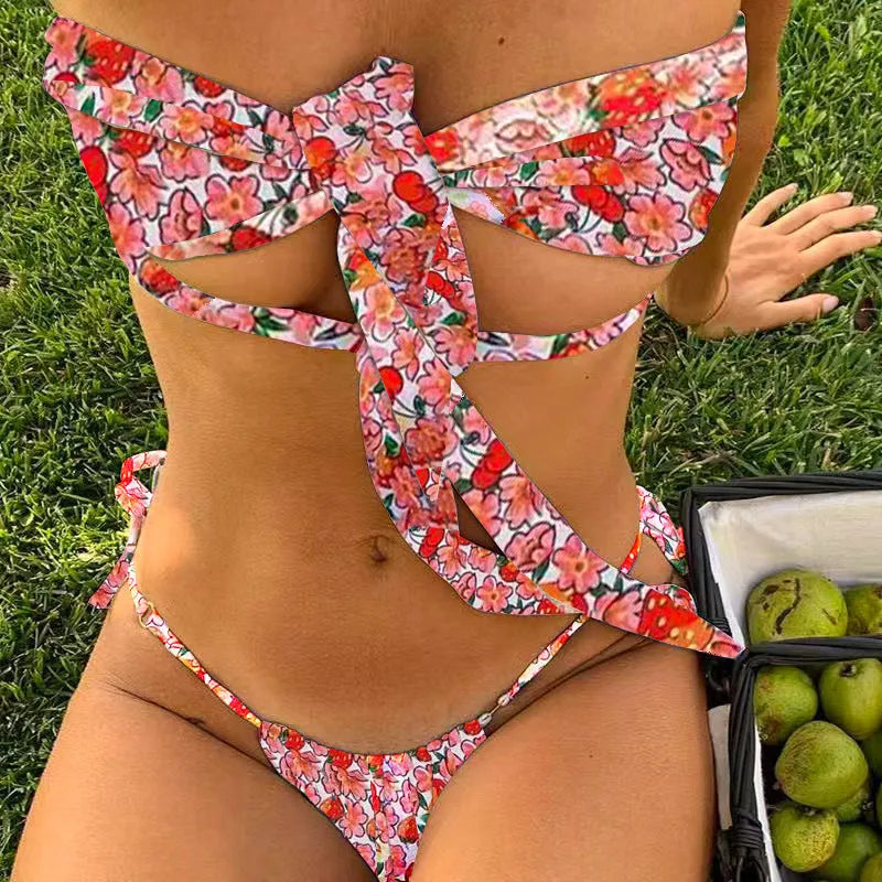 Women's wireless swimsuit with lace-up front and split leg design in polyester fabric