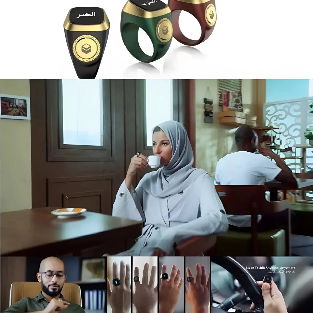 Zikr1 smart Islamic prayer counter ring with OLED display showing time and count, available in black, green, rose gold, and silver colours