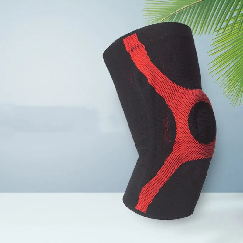Red and grey knitted sports kneecaps with silicone grip panels for running and climbing activities