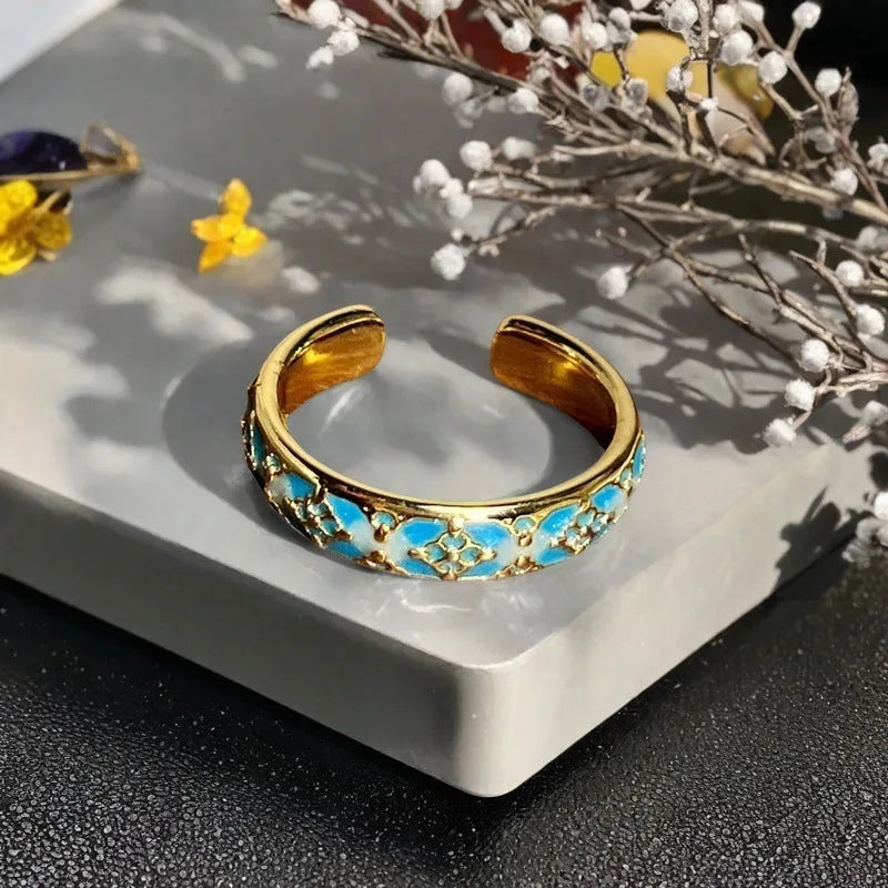 Adjustable vintage copper gourd ring with oil-dripping colour finish and inlaid zircon gemstones