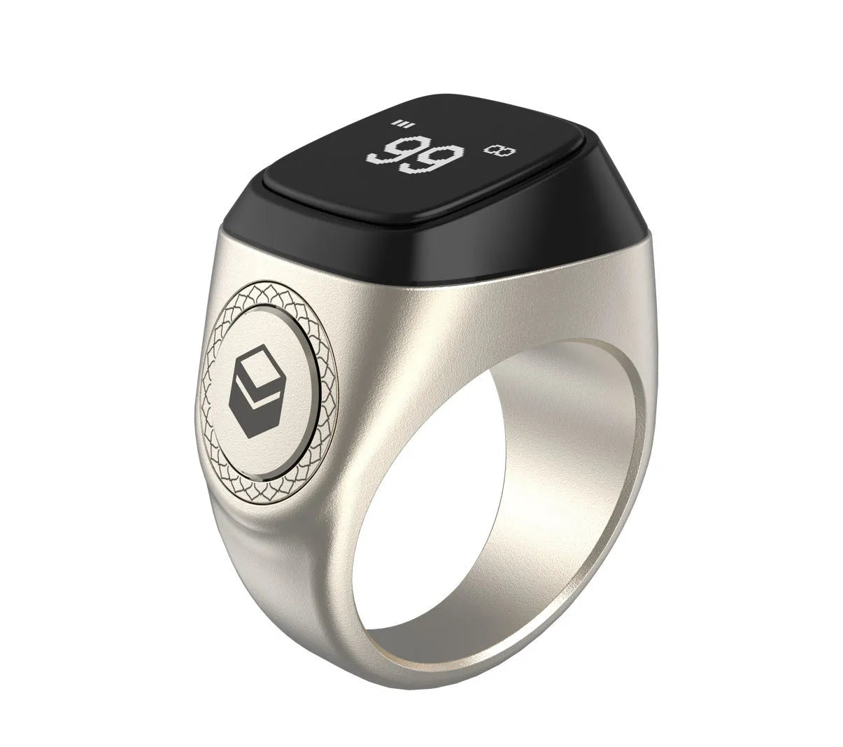 Zikr1 smart Islamic prayer counter ring with OLED display showing time and count, available in black, green, rose gold, and silver colours
