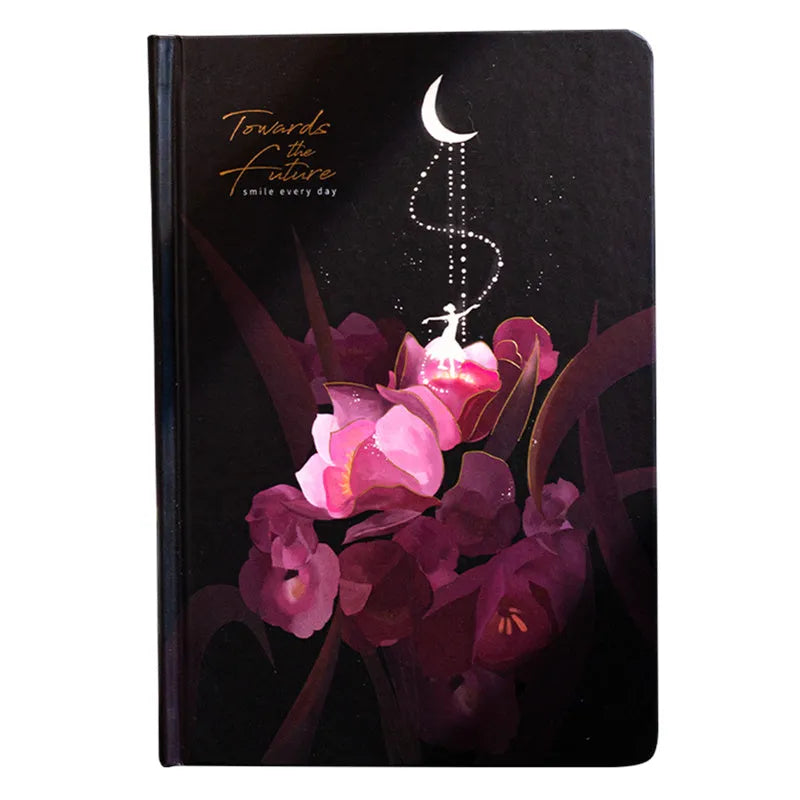 A5 notebook with a luminous cover open to show internal colour illustrations, next to Purple, Light Blue, Gold, and Deep Blue colour options.