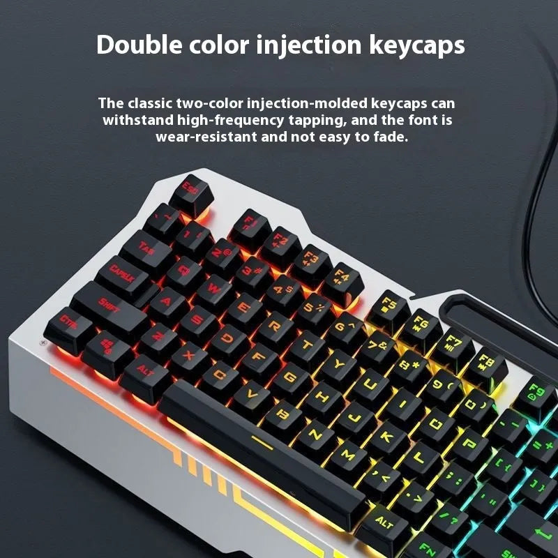 Black and white wired gaming keyboard, mouse, headset, and mouse pad bundle with LED backlighting.