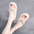 Women's black and beige high-heeled flip-flops with cotton cloth uppers showing size options
