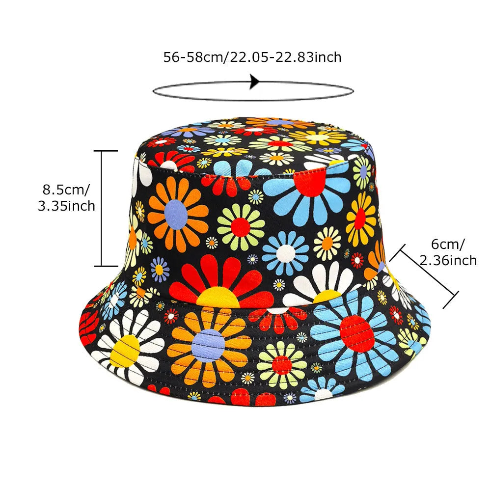 Colourful floral print polyester bucket sun hat with dome crown in M size
