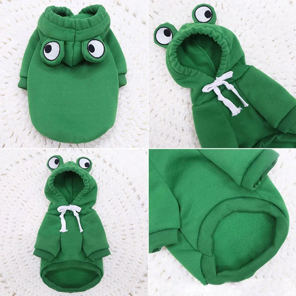 Green frog costume hoodie on a small dog, showing soft fabric and hoodie design for Halloween or autumn.