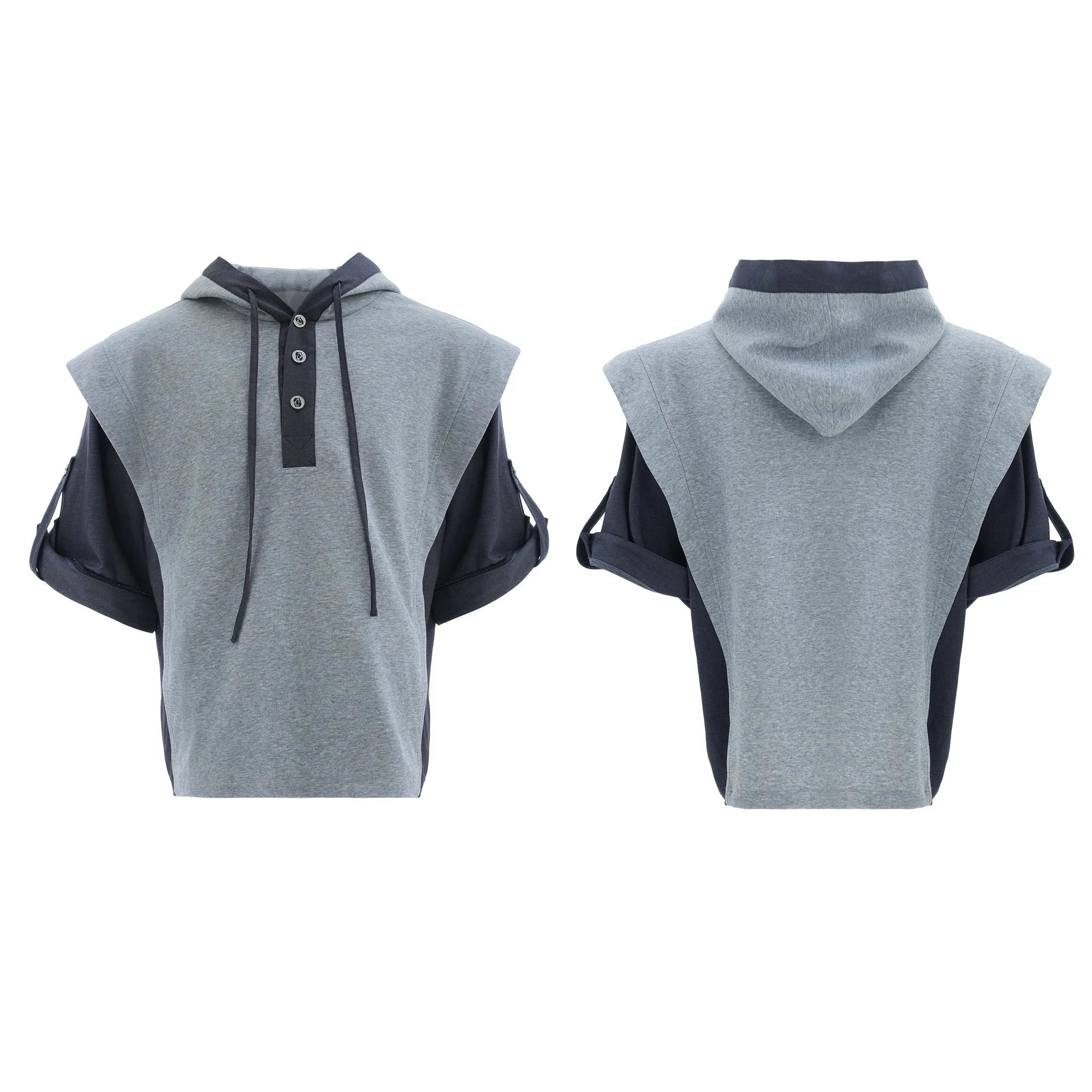 Men's black and grey polyester hooded sports suit with three-dimensional stitching on jacket