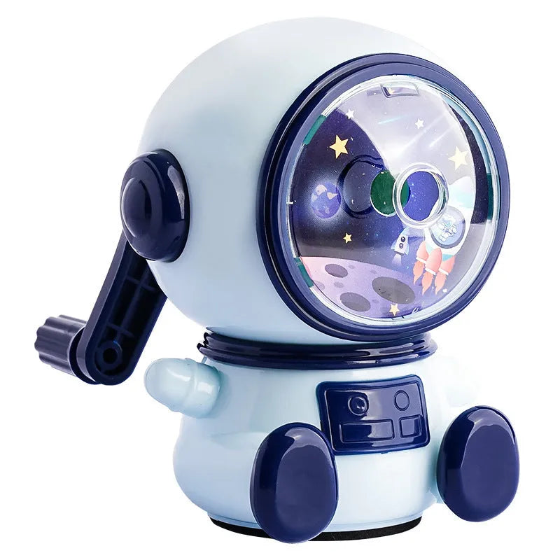 Astronaut-themed manual pencil sharpener in blue or pink with adjustable three-level system