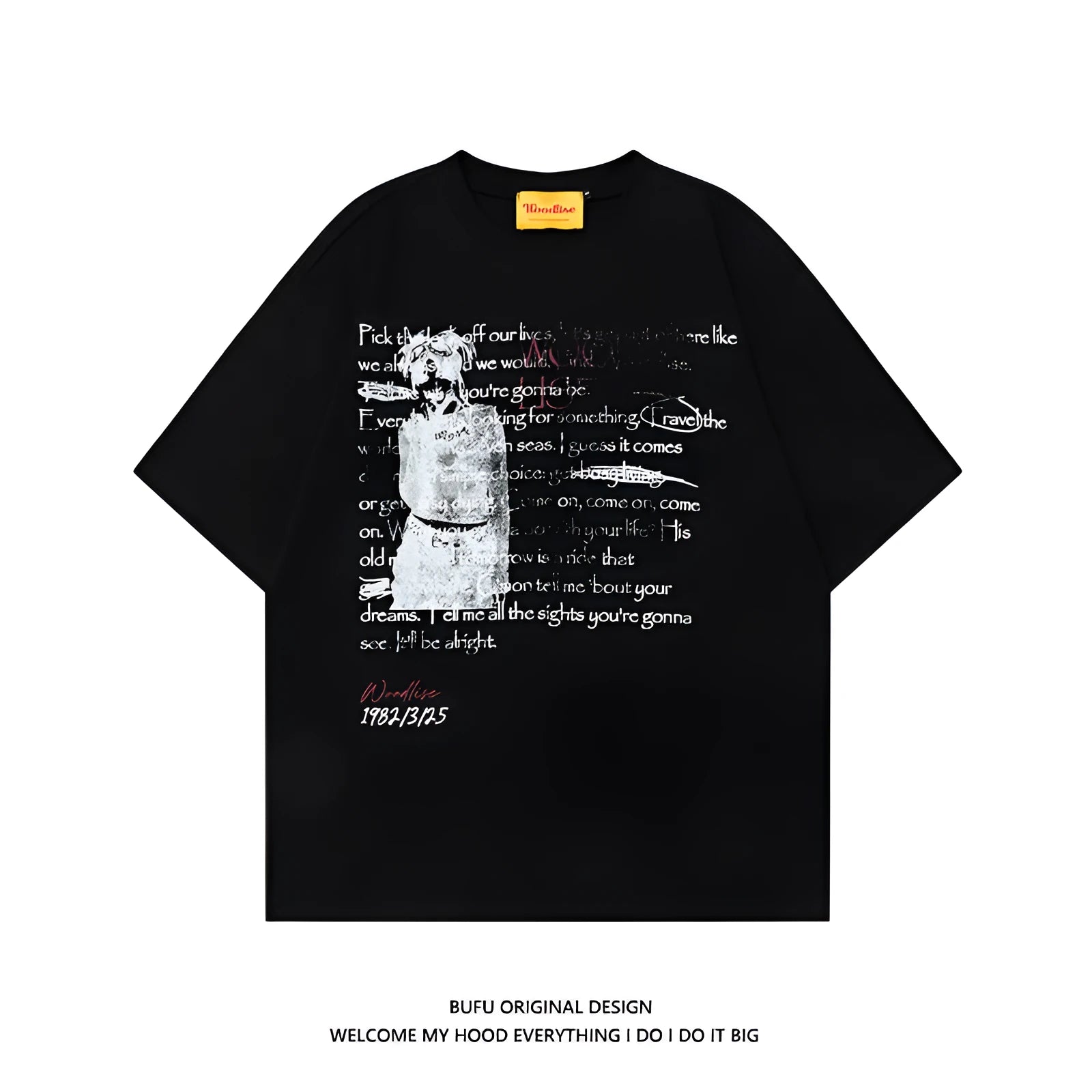Men's black retro style pure cotton t-shirt with letter printing and loose fit