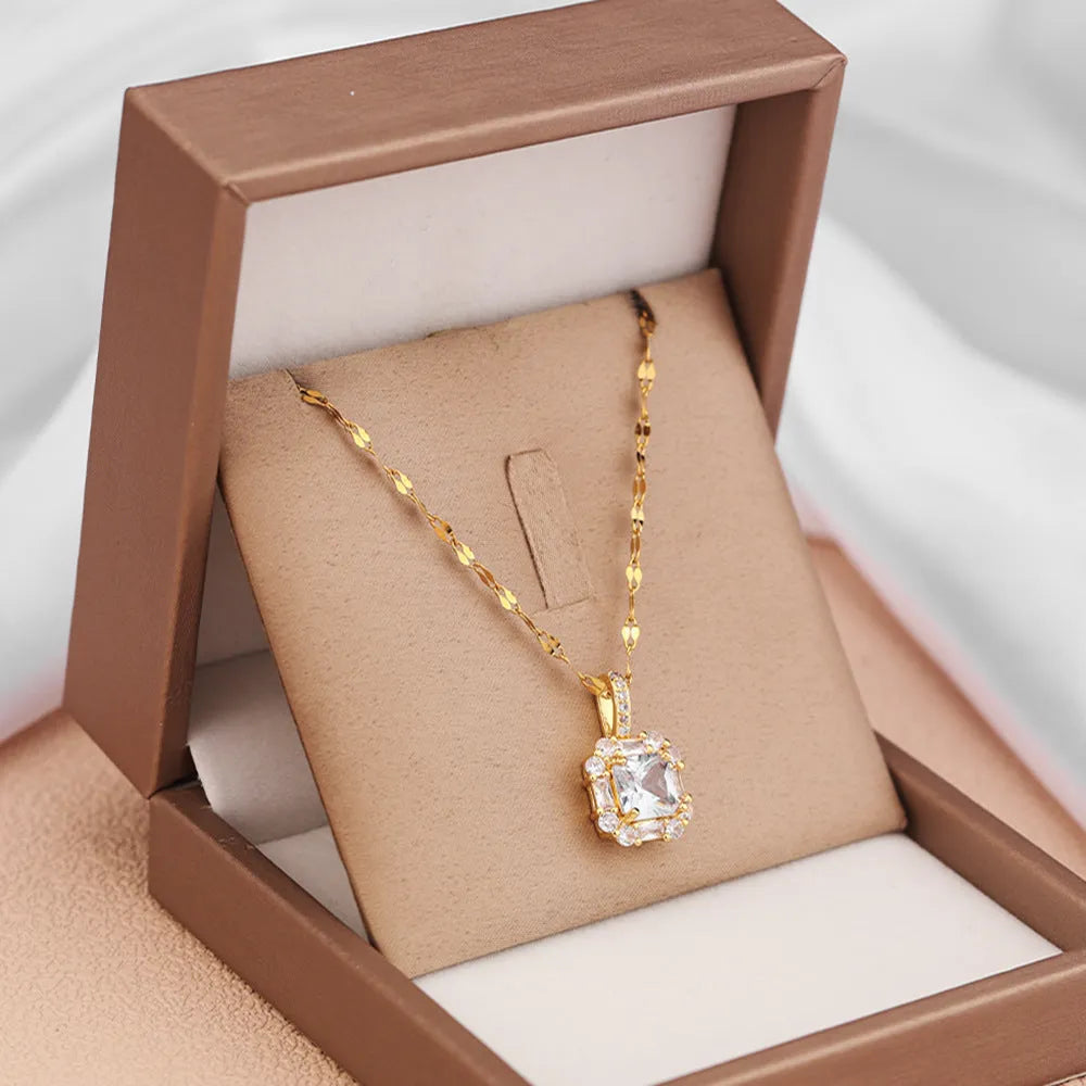 Women's geometric quadrilateral pendant necklace with mixed gemstone inlay on gold titanium steel chain